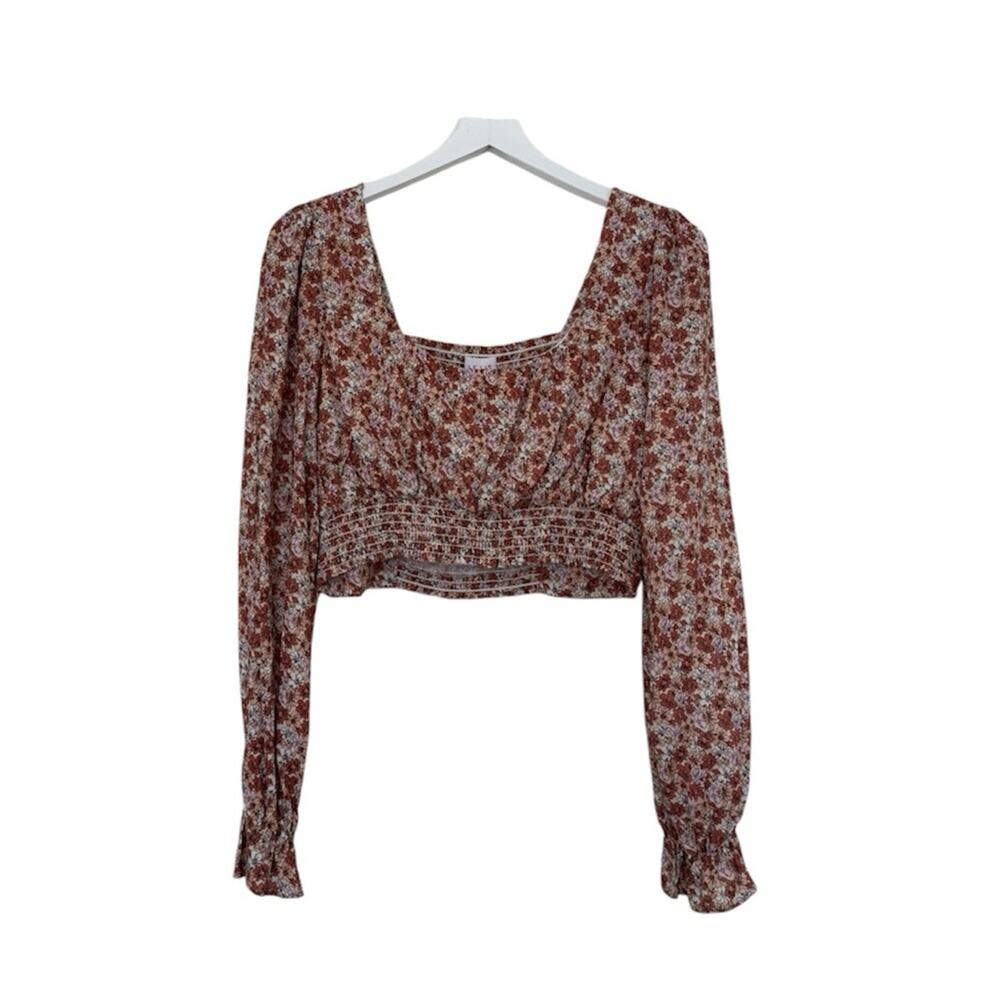 NWT Le Lis Cropped Floral Long Sleeve Blouse Ruching Size Large
